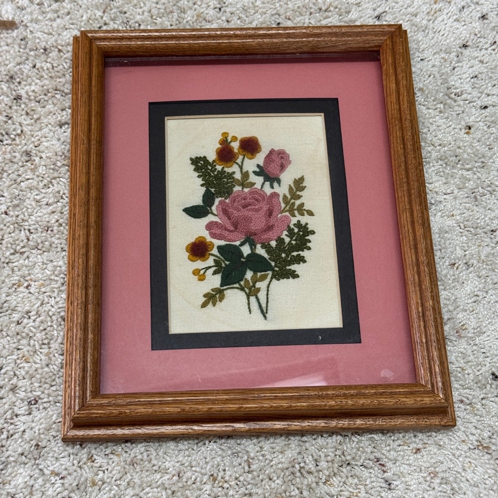 Vintage Floral Crewel Embroidery Framed Wall Art Pink Rose Grandma Core Decor